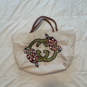 Beige Tote with Red and Black Snake Design